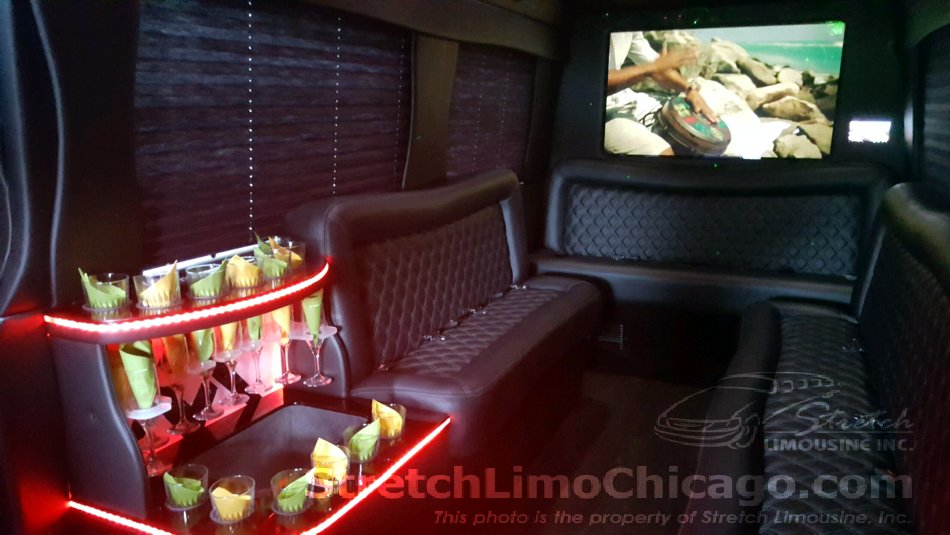 Mercedes Sprinter limo party bus interior view
