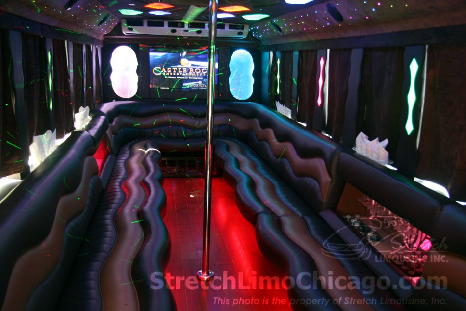 International party bus interior view front to back